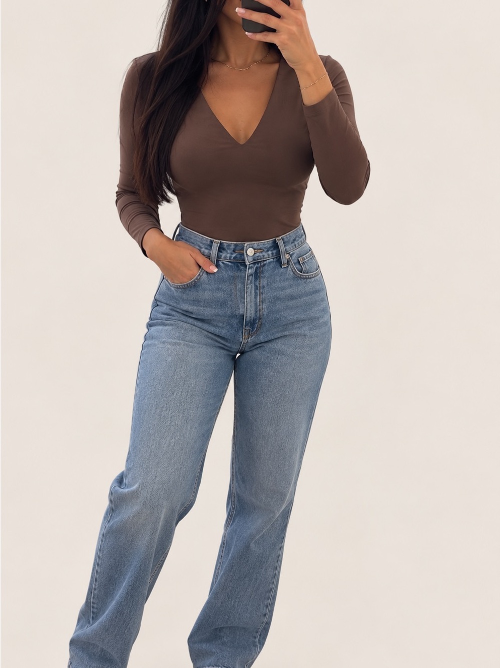 Babaton Taupe Long-Sleeve V-Neck Bodysuit